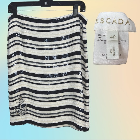 ESCADA Silk Cream Beaded & Blue Sequin Striped Nautical Skirt Sz 42,Specials : American Fashion Style Bags On Sale
